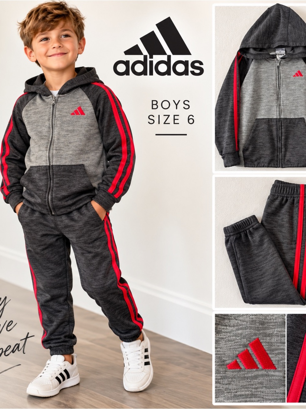 Adidas Boys Grey & Red 3-Stripe Hoodie & Sweatpants Tracksuit Set Size 6